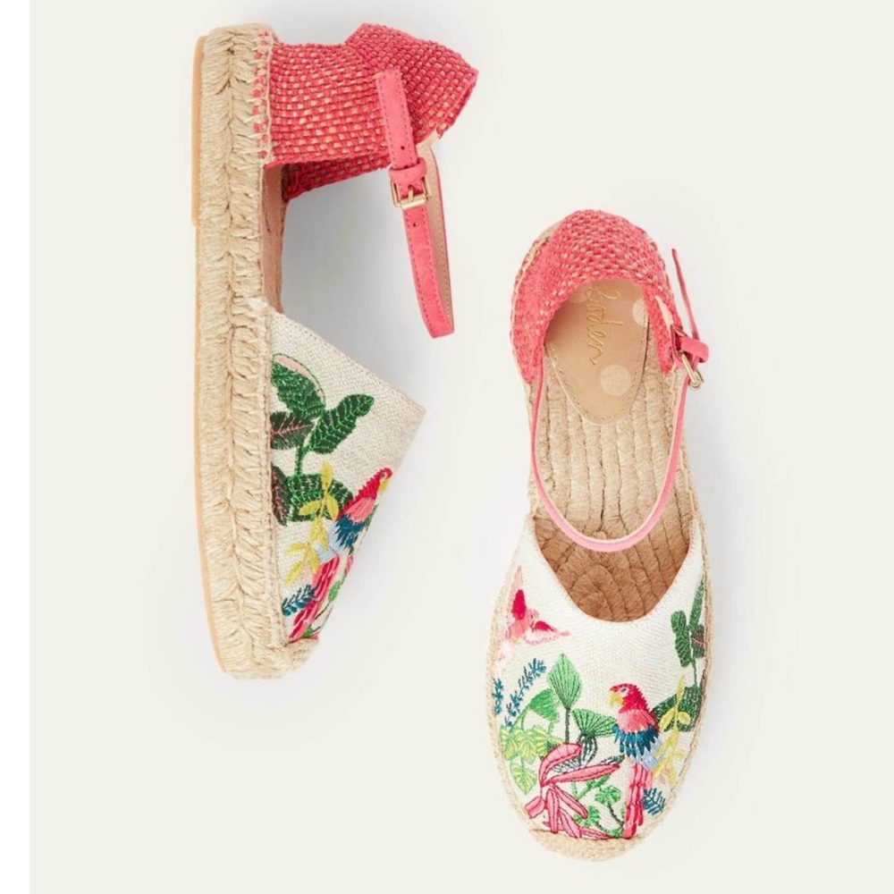 Boden Peggy Espadrilles Lollipop Parrot Pink Embroidered Sandals Size 39/8
